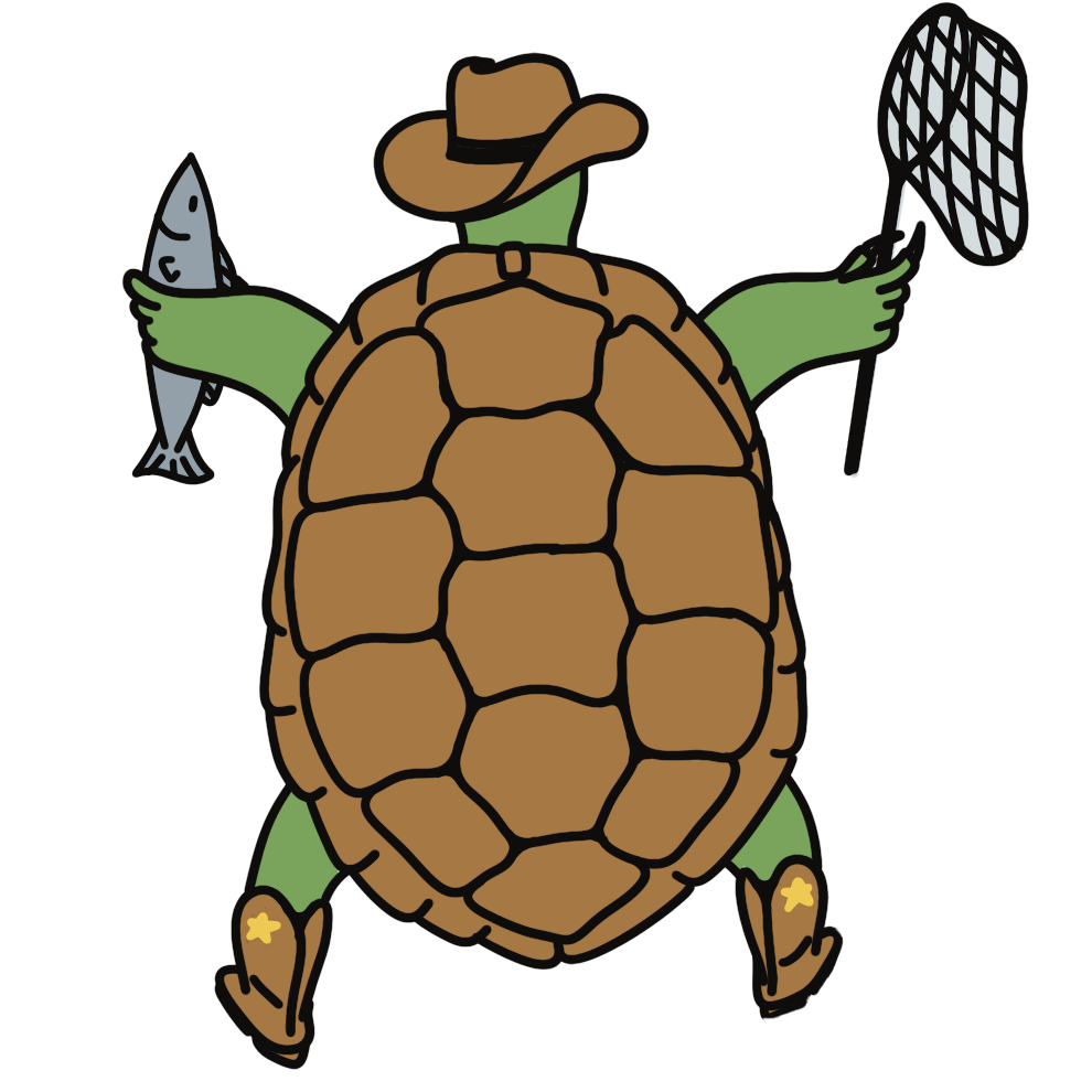 turtle holding fish and net illustration